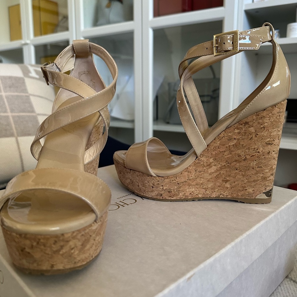 BRAND NEW Jimmy Choo Patent Leather Portia Cork Wedge- Nude